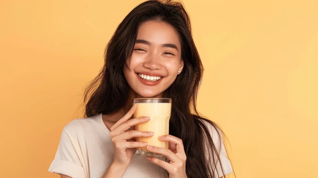 A woman holding a glass of tumeric milk