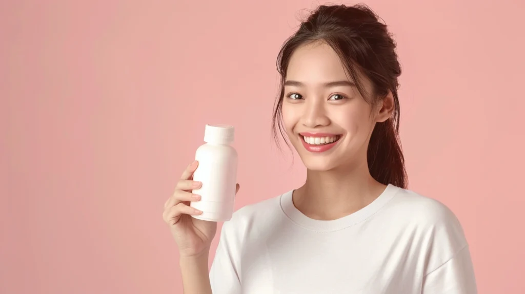 A woman holding a bottle of supplements