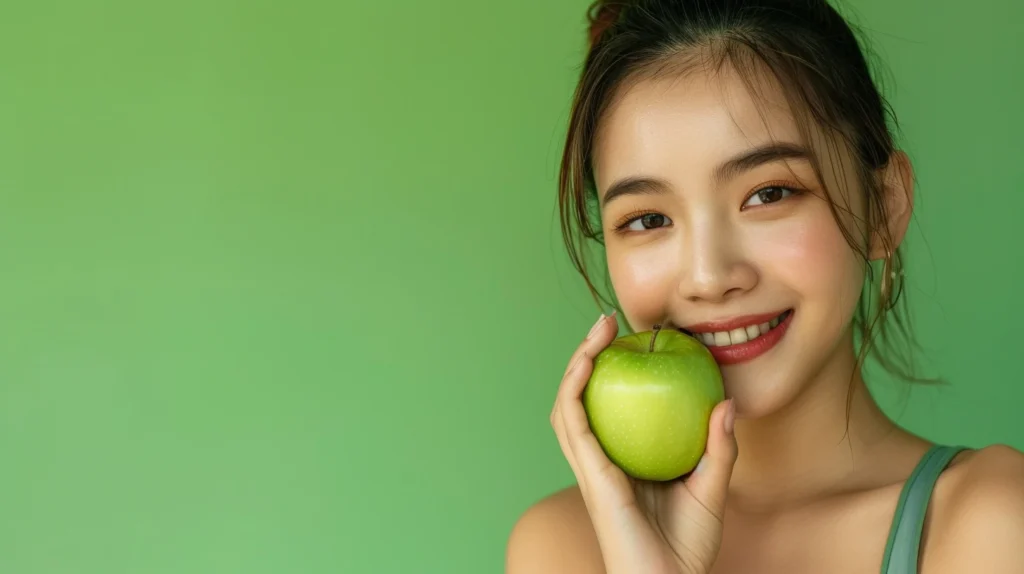 A girl holding a green apple