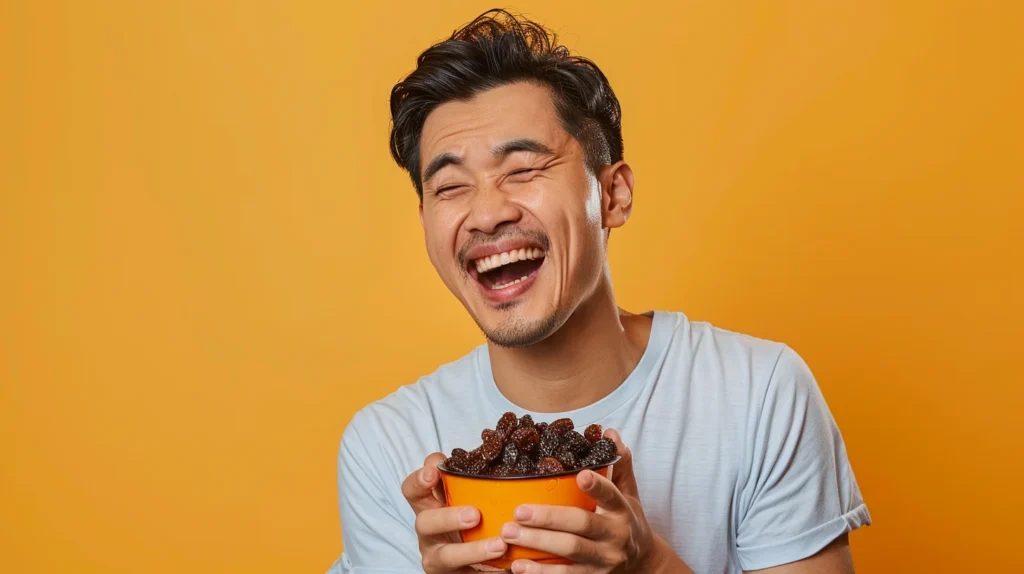 A young man holding a bowl of raisins