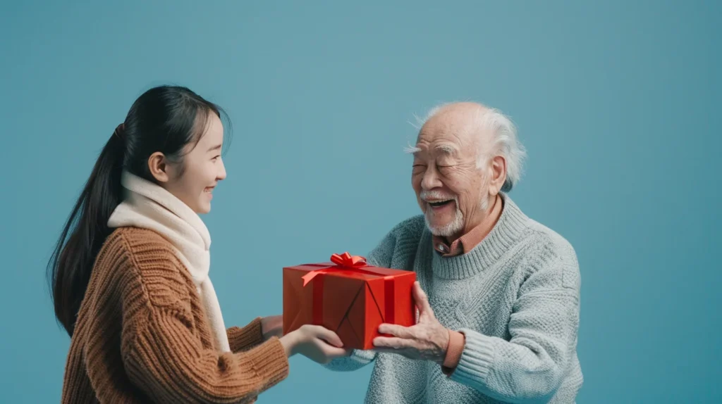 A daughter giving her father gifts for dementia patients