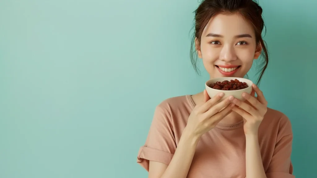 A girl holding a bowl of raisins