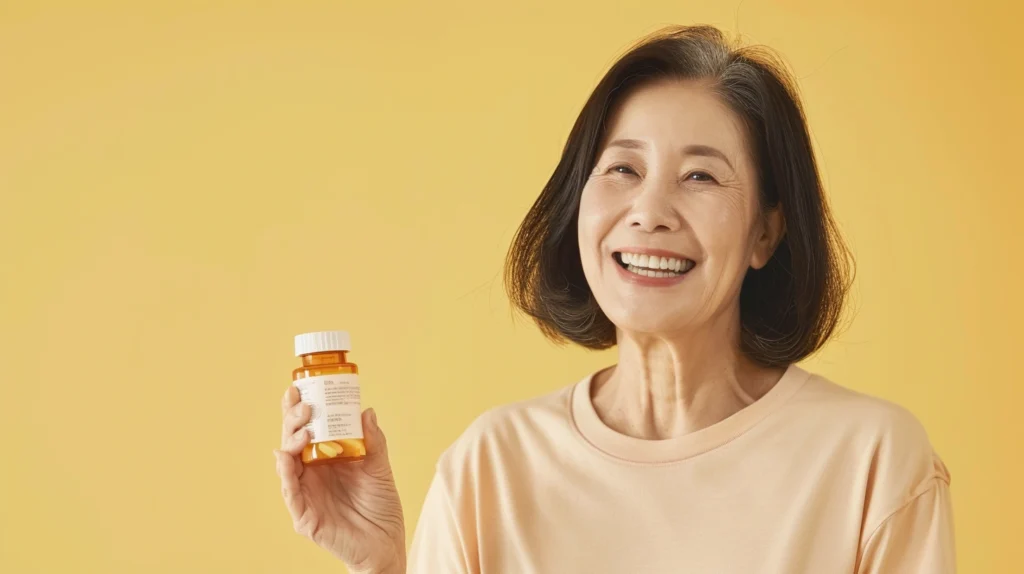 An elderly woman holding a bottle of supplements