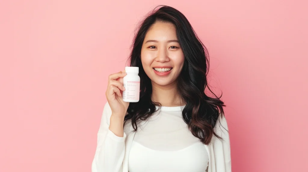 A woman holding a bottle of vitamins