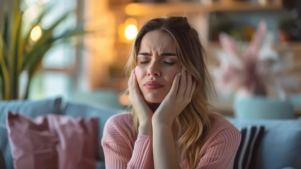 A woman sitting on a couch, with her hands covering her face.