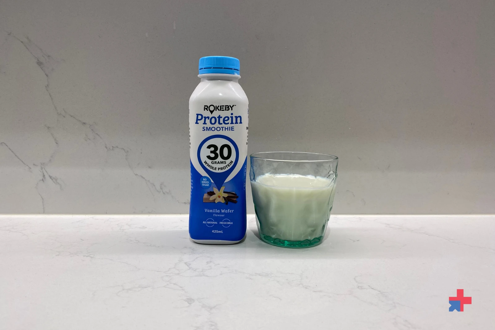 Rokeby Protein Smoothie Vanilla Wafer flavor (30g protein) in a glass.