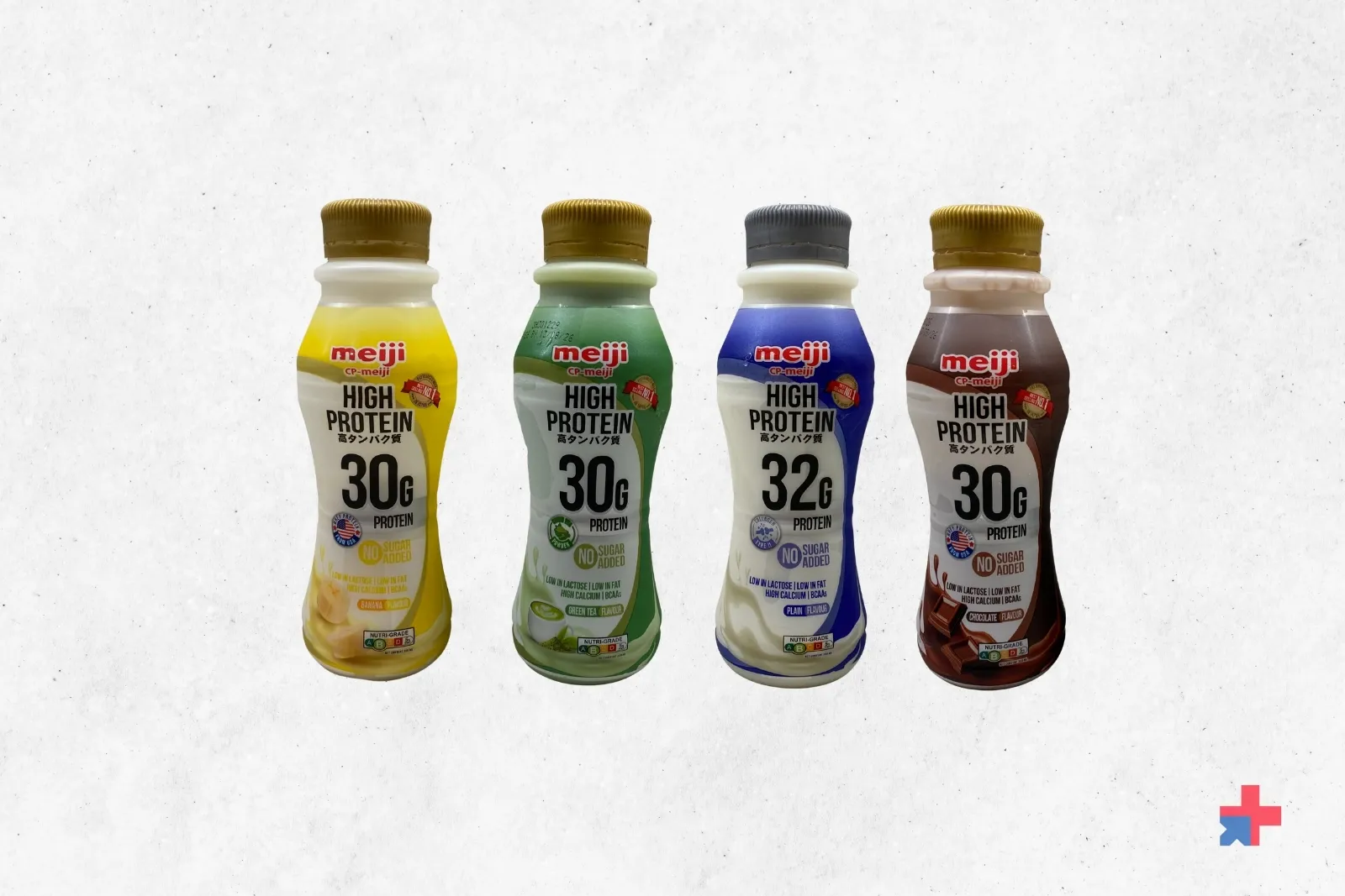 Four bottles of Meiji CP-Meiji High Protein Milk in Singapore: banana, green tea, plain 32g and chocolate 30g